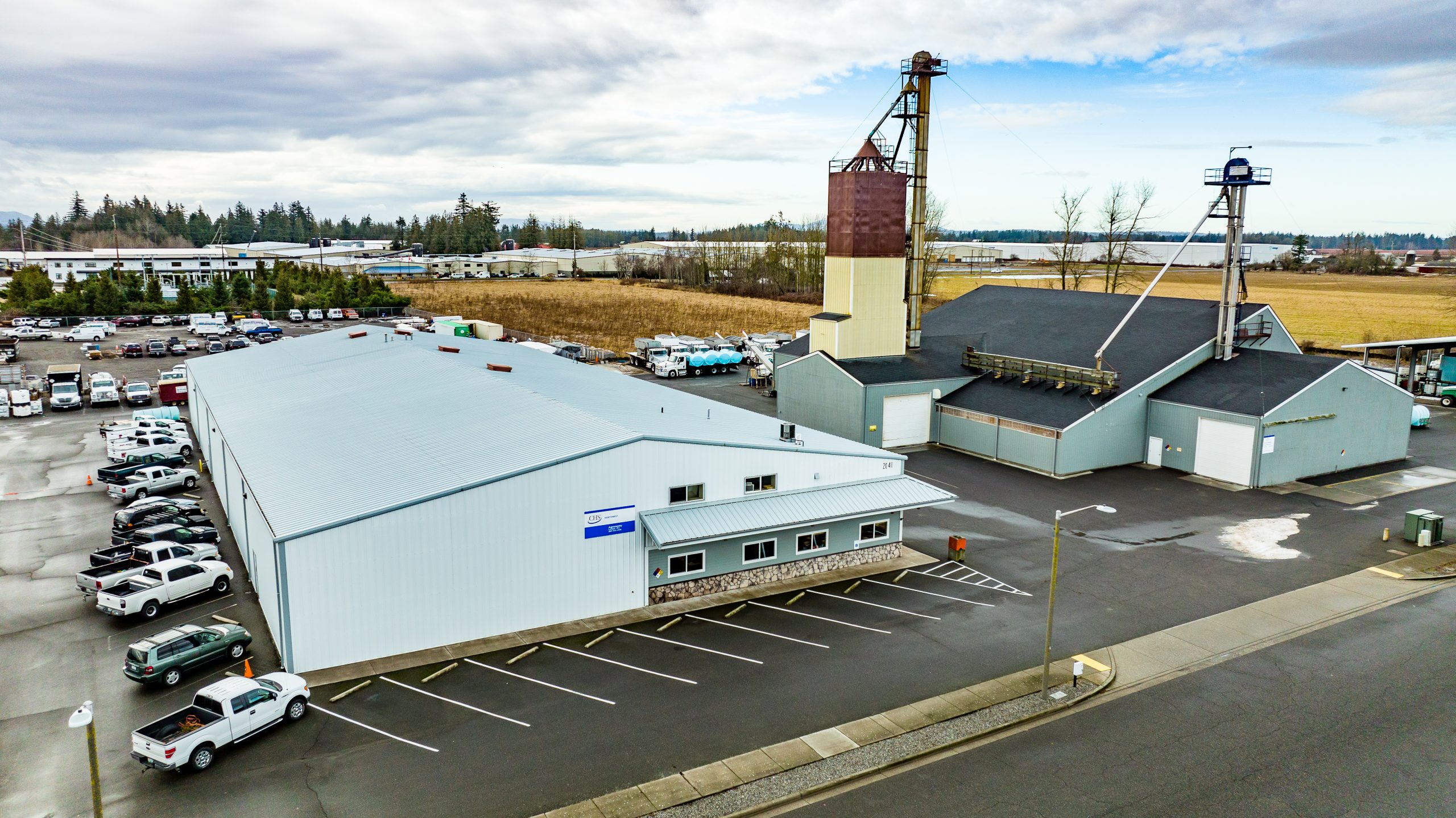 Aerial of CHS Northwest agronomy buildings and parking lot