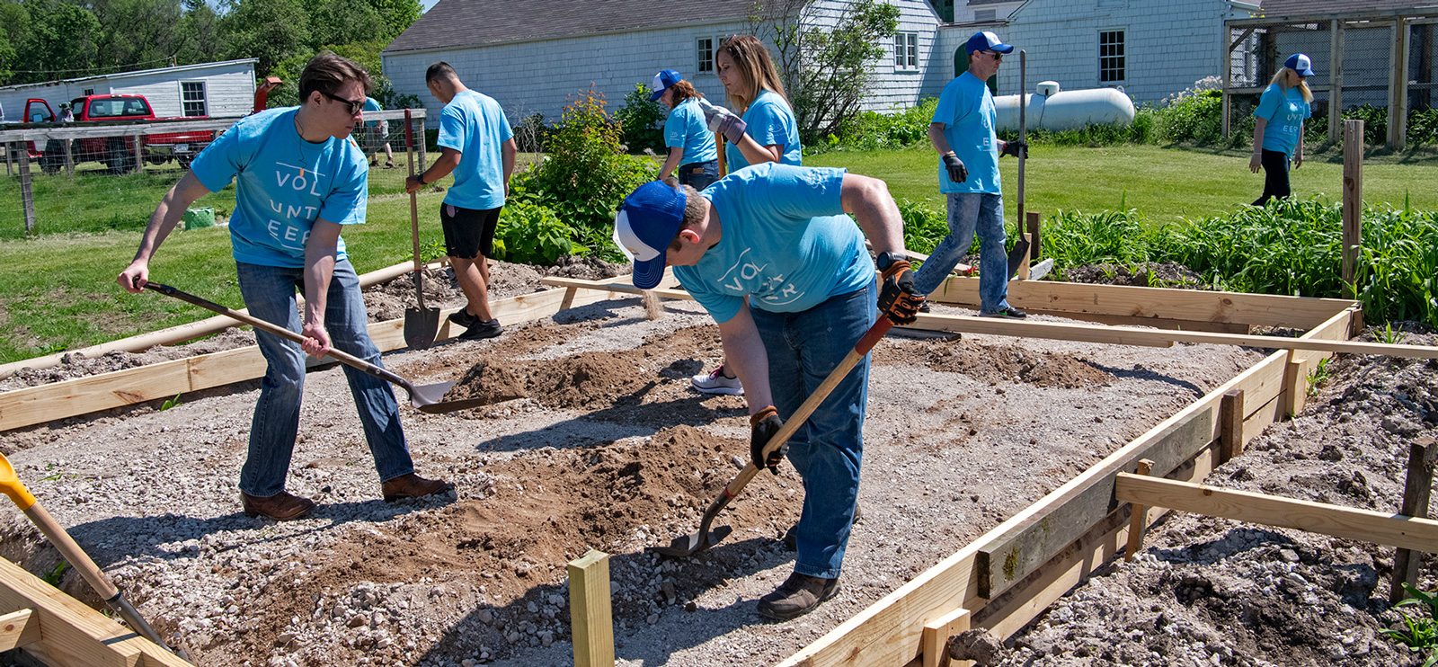 A group of people working in a community garden together digging up plots